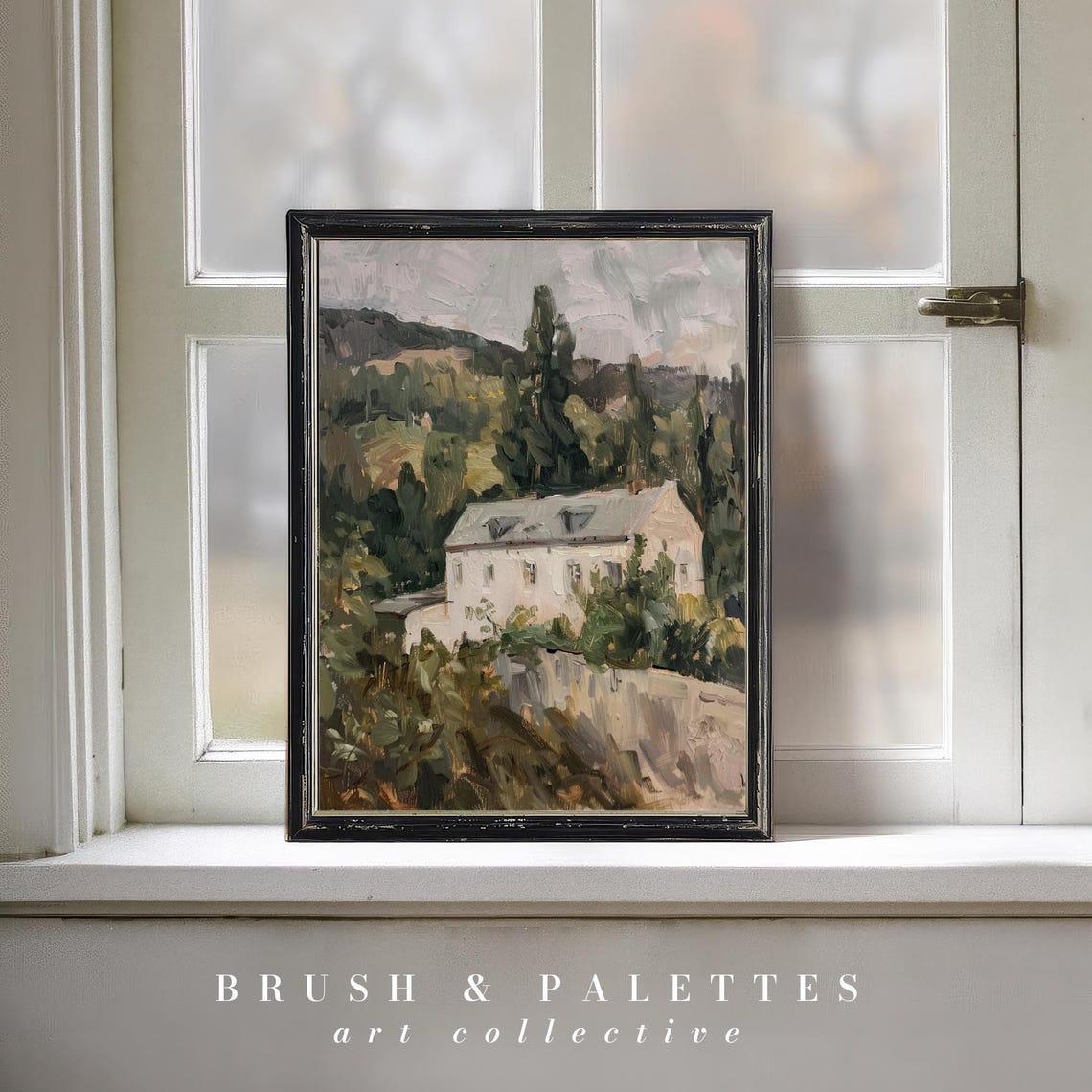 White Country House Among Green Trees Hillside Painting Poster