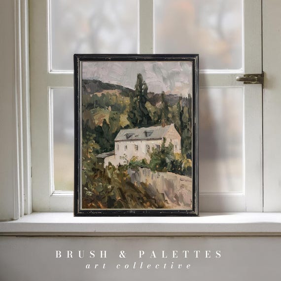 White Building At Muhar Painting Monetstyle Landscape Wall Art Neutral Forest Hills Scene For Rustic Or Country Homes