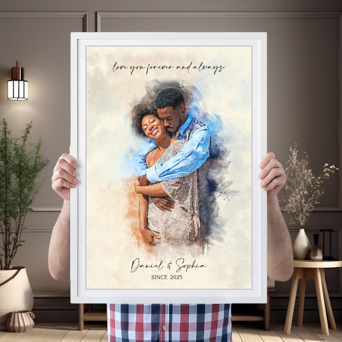 Love You Forever Custom Watercolor Couple Embrace Portrait Gift Poster