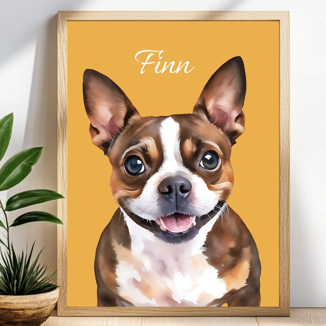 Boston Terrier Puppy Finn Personalized Pet Portrait Watercolor Poster