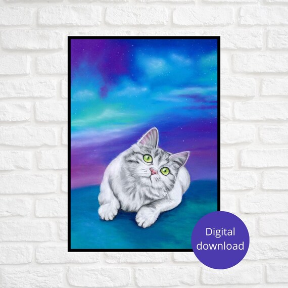 Small White Cat with Green Eyes Under a Cosmic Night Sky Poster