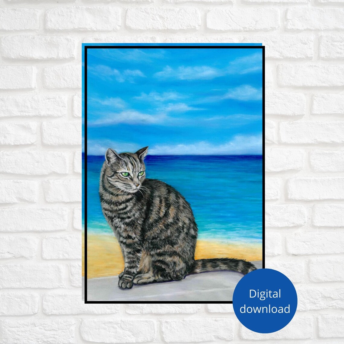 Tabby Cat Sitting by the Sea Under a Bright Blue Sky Poster Scene