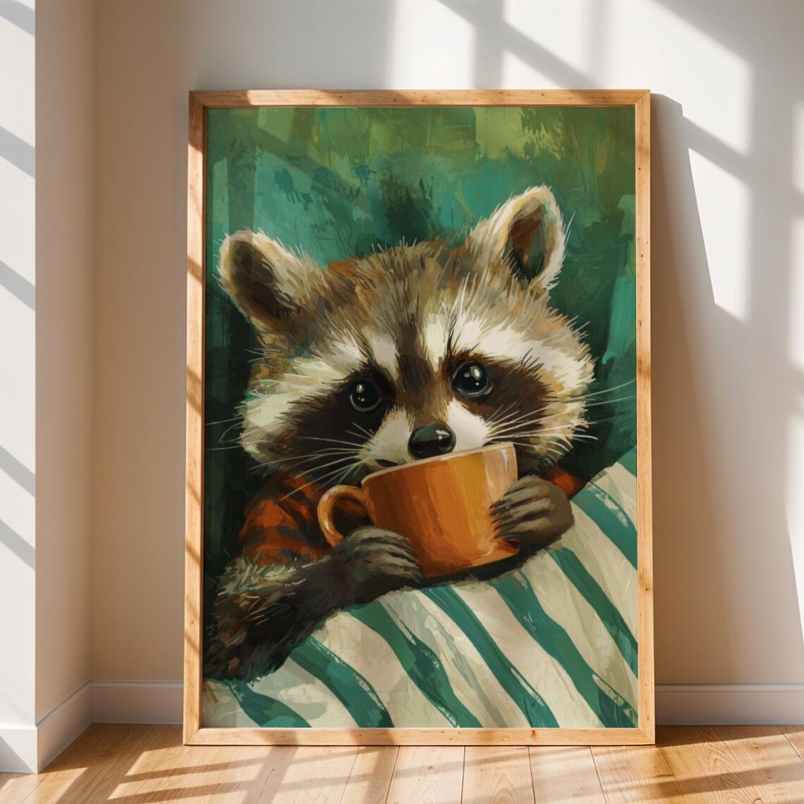 Cozy Raccoon Coffee Cup Whimsical Woodland Animal Art Poster