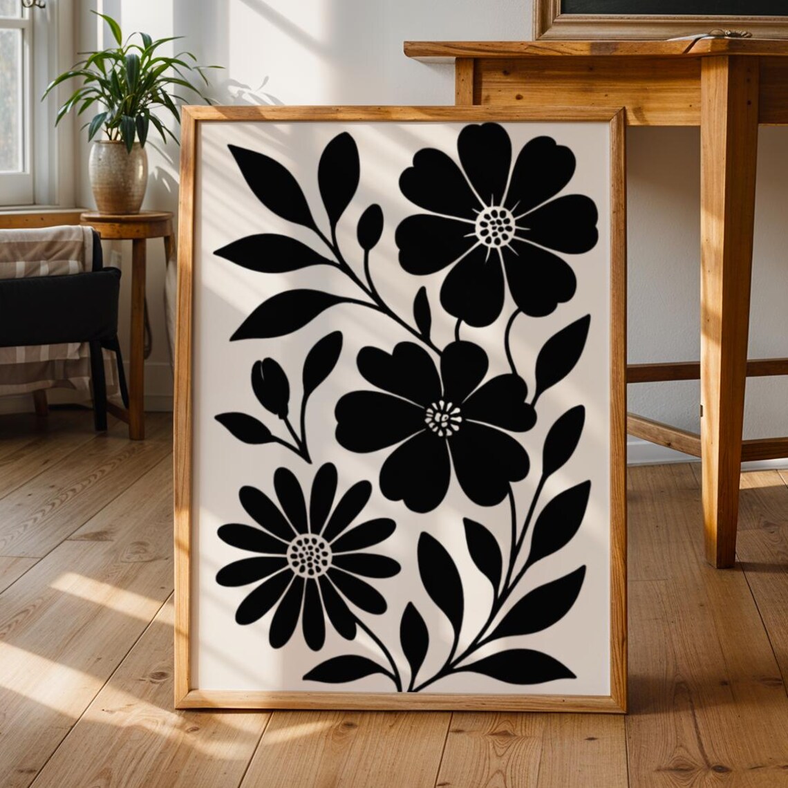 Beige And Black Daises Wall Art Floral Illustration Abstract Botanical Print Japandi Neutral Home Decor