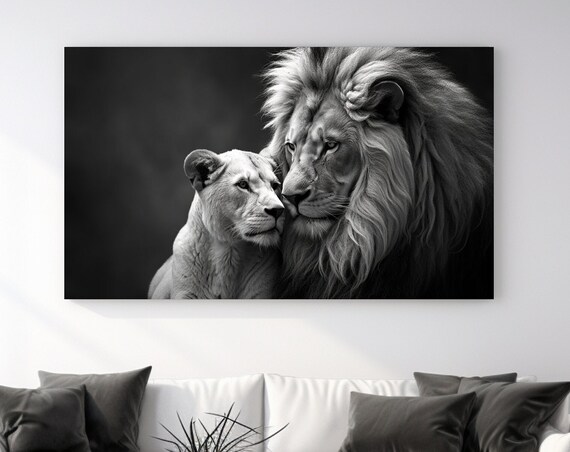 Lion And Lioness Nuzzling Black And White Wildlife Photo Poster
