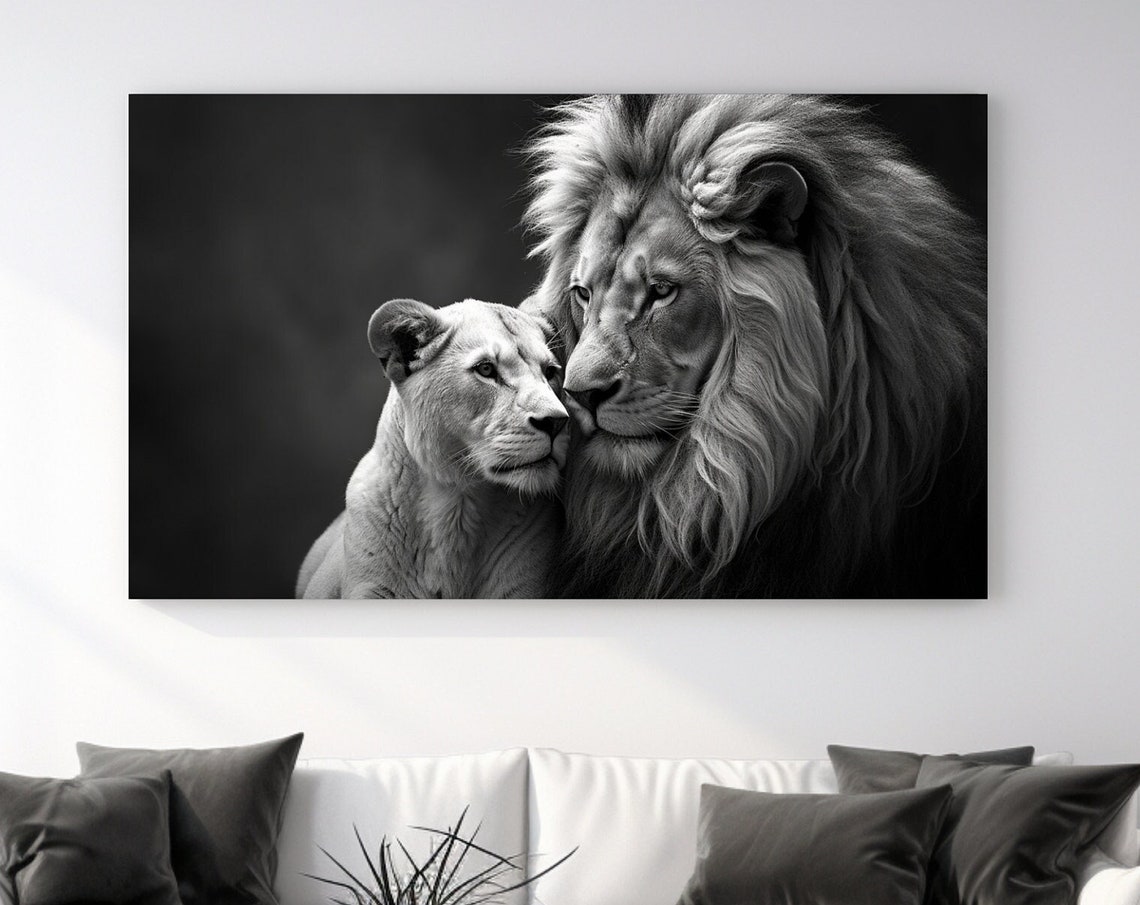 Lion And Lioness Nuzzling Black And White Wildlife Photo Poster