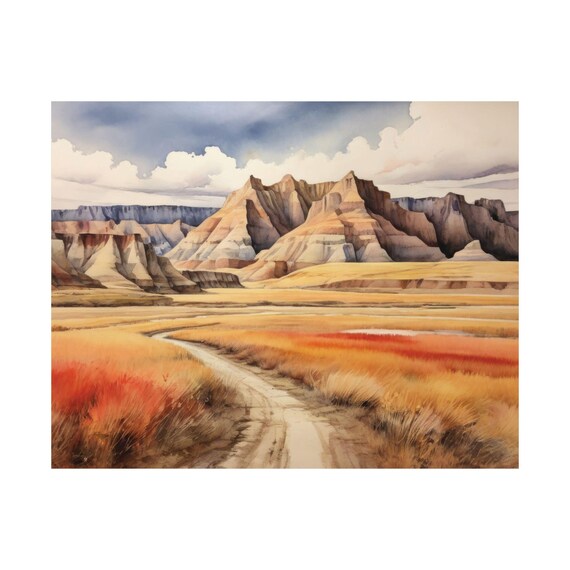 Badland North Dakota Watercolor Art Print, Travel Poster