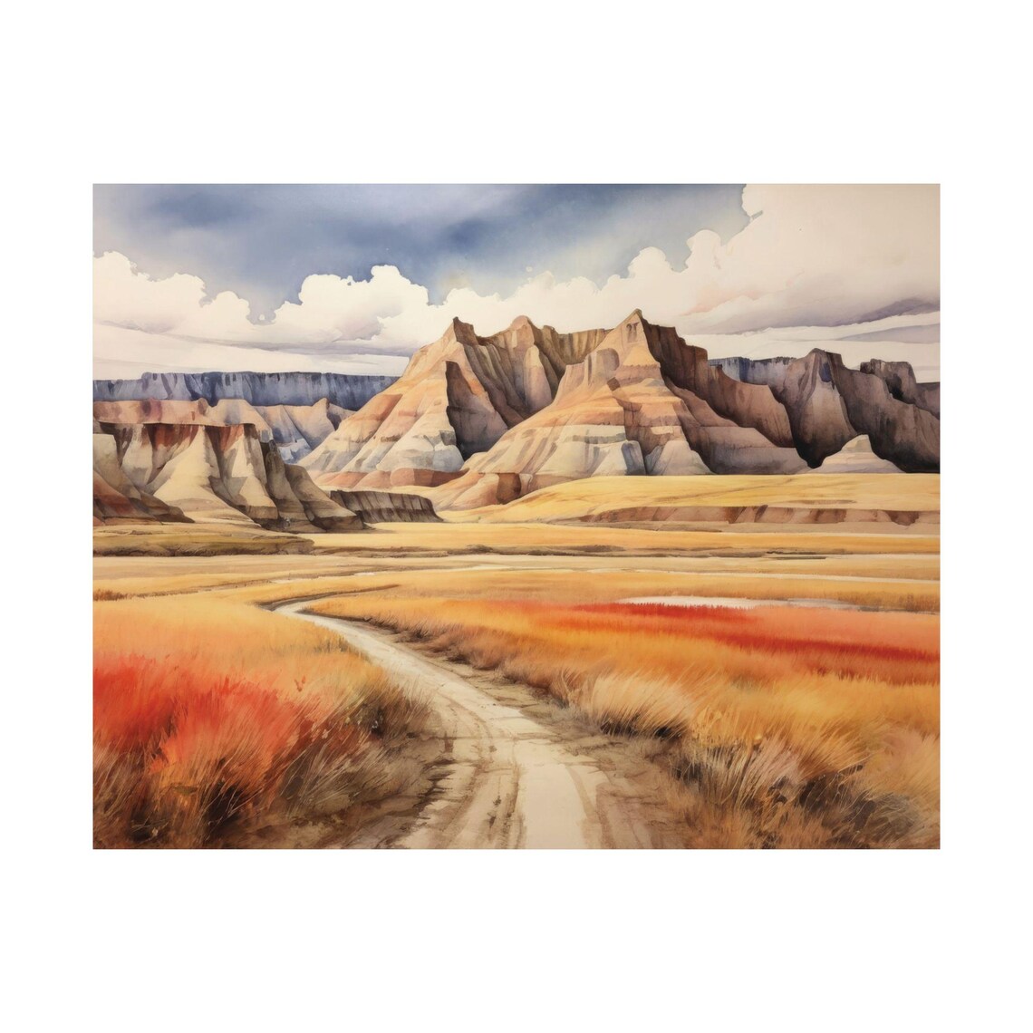 Badland North Dakota Watercolor Art Print, Travel Poster