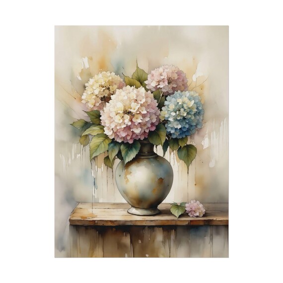 Pale Hydrangea Watercolor Bouquet in Vase Soft Neutral Floral Poster