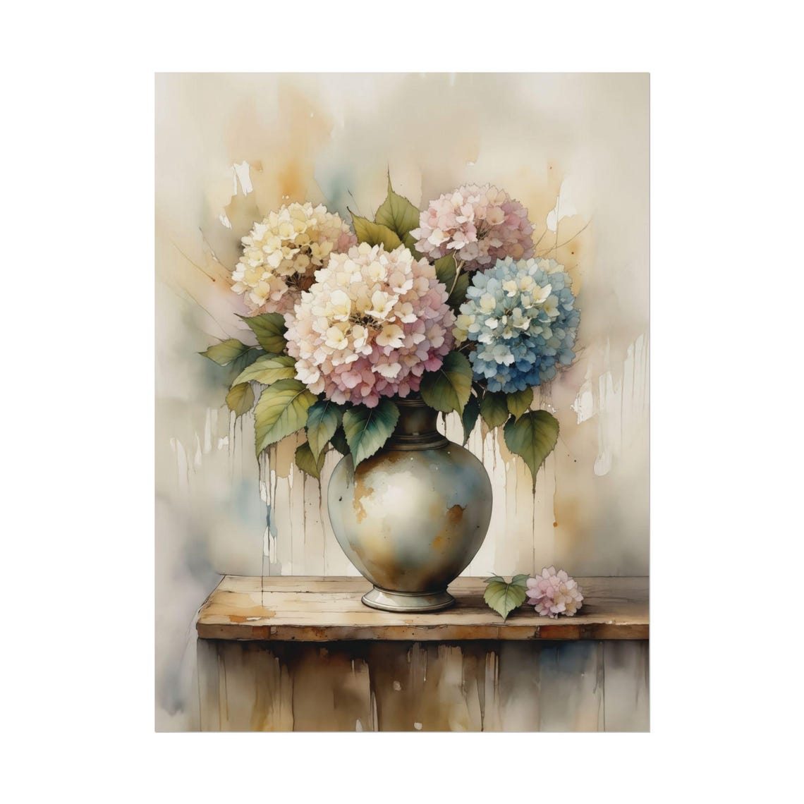 Pale Hydrangea Watercolor Bouquet in Vase Soft Neutral Floral Poster