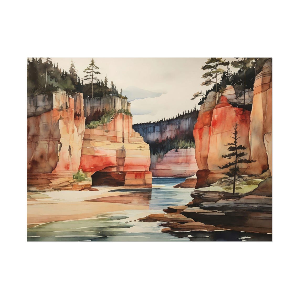 Pictured Rocks Michigan Red Cliffs Lake Watercolor Landscape Poster