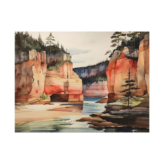 Pictured Rocks Michigan Red Cliffs Lake Watercolor Landscape Poster