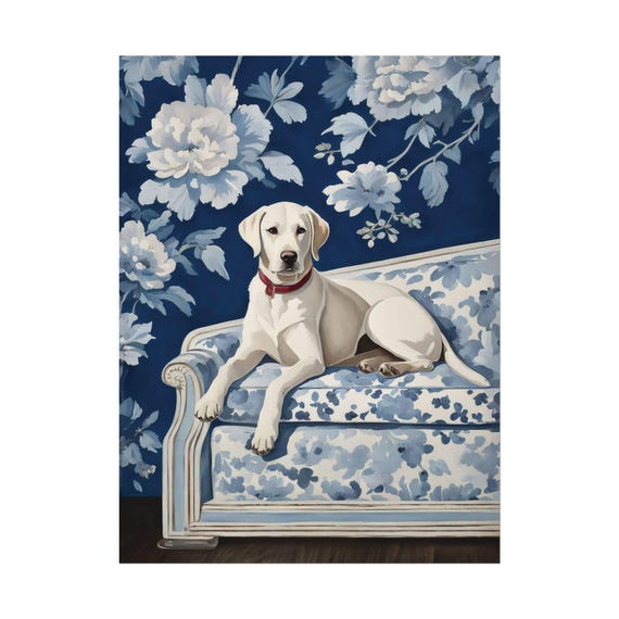 White Labrador Art Print Blue Floral Chinoiserie Wall Dog Lover Poster Unique Gift Watercolor Painting Home Decor Maximalist