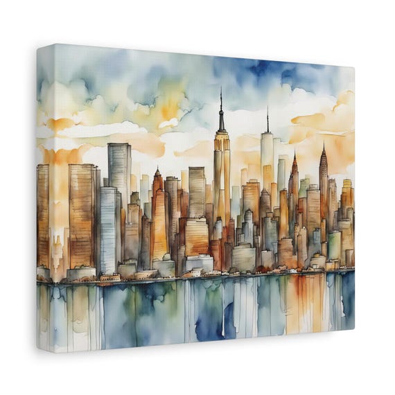 New York Skyline Print Watercolor Painting Nyc Spring Cityscape Gallery Wrap Wall Art Travel Gift