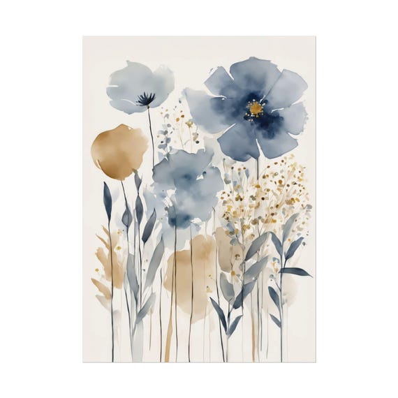 Santorini Wildflowers Print 37 Painting Abstract Floral Watercolor Art Flowers Wall Gift Poster Neutral Home Decor Blue Tan