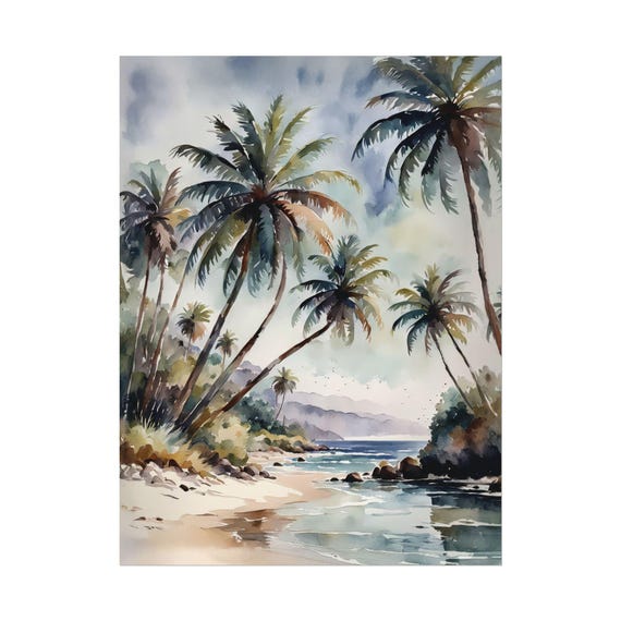 Palm Trees Watercolor Painting Coastal Beach Print Art Poster Florida Ocean Wall