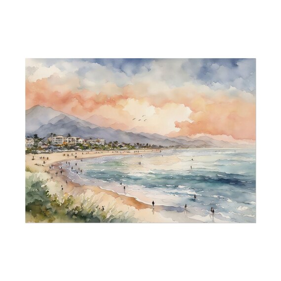 Beach Sunset Surfers Ocean Waves Mountains Watercolor Coastal Poster