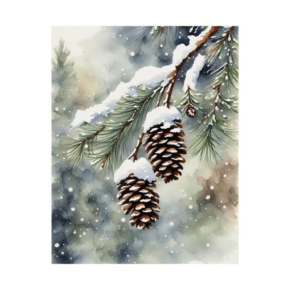 Snowy Pinecones Cozy Winter Branch Watercolor Botanical Poster