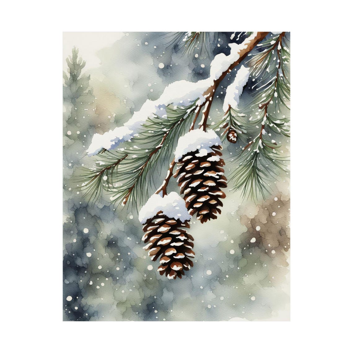 Snowy Pinecones Cozy Winter Branch Watercolor Botanical Poster
