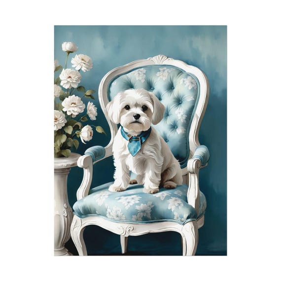 White Maltese Dog Vintage Art Print Blue Floral Chair Lover Poster Unique Gift Pet Portrait Watercolor Painting Giclee Wall