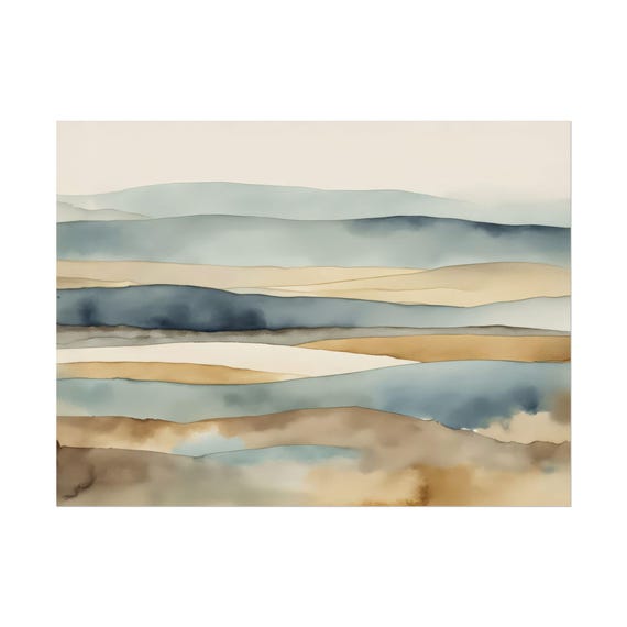 Abstract Landscape Watercolor Print Nc24 Neutral Blue Brown Painting Rustic Giclee