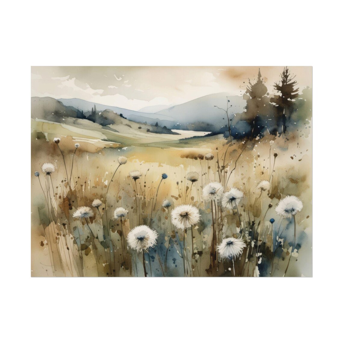 Dandelion Painting, Watercolor Landscape Art Print