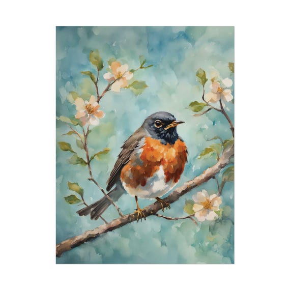 Robin Watercolor Print Floral Spring Vertical Posters Wall Art Wildlife Nature Painting Connecticut State Bird Lover Gift