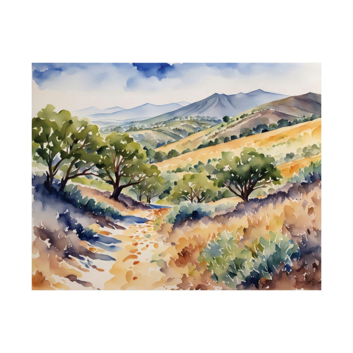 Golden Oak Autumn Hills Winding Path Watercolor Landscape Poster