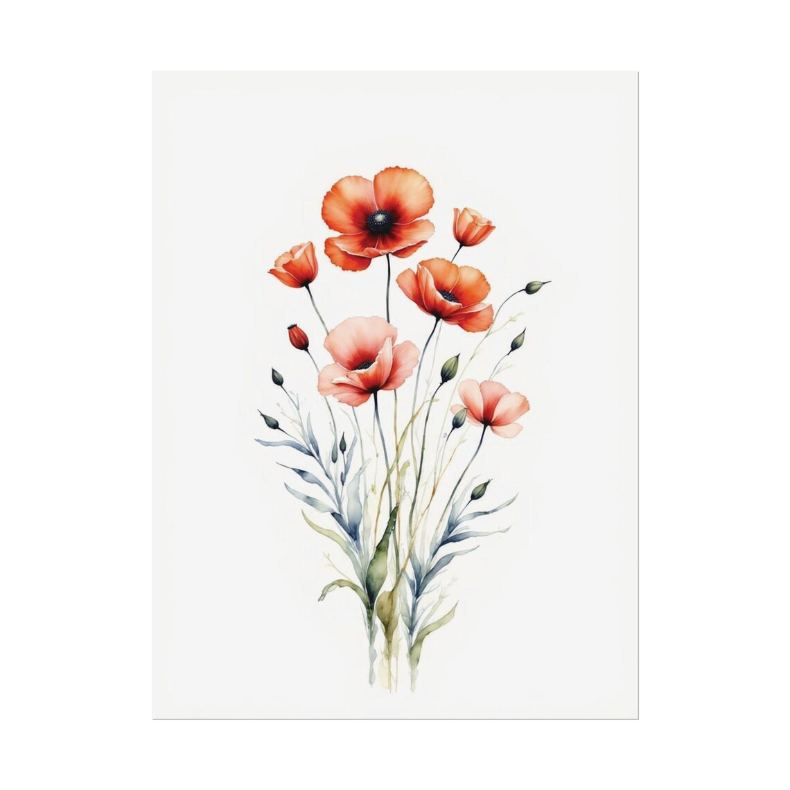 Minimalist Red Poppy Stems Watercolor Painting Floral Poster