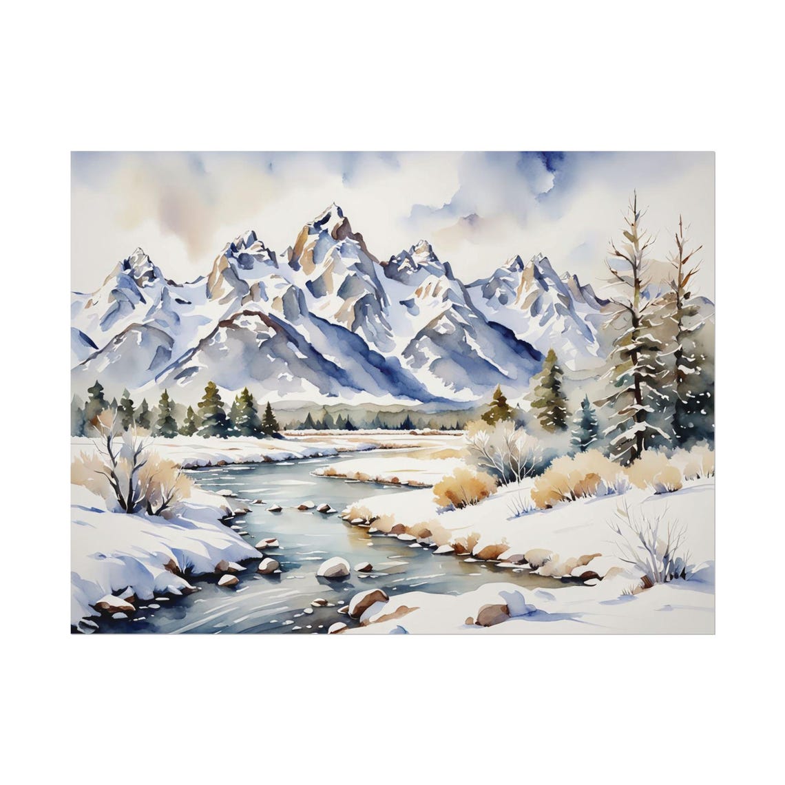 Snowy Winter Mountain Range with Stream Watercolor Landscape Poster