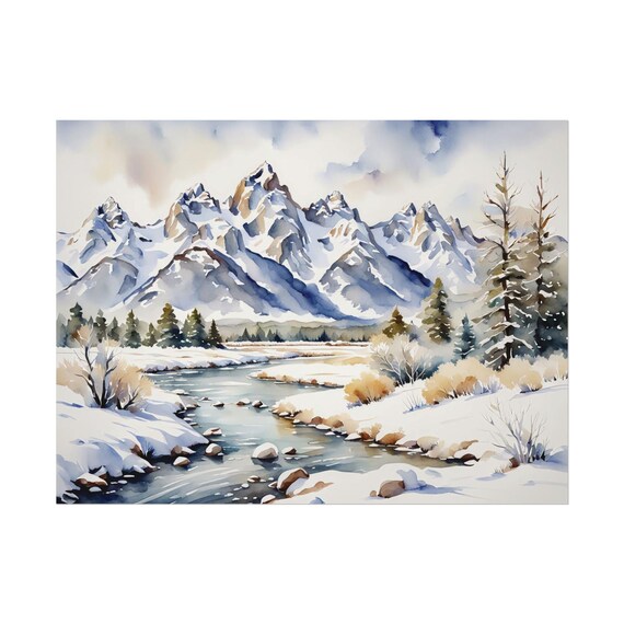 Snowy Winter Mountain Range with Stream Watercolor Landscape Poster