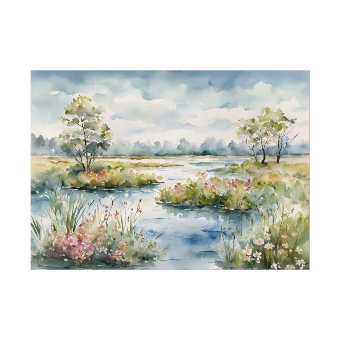 Spring Marsh Wildflower Meadow Serene Countryside Watercolor Poster