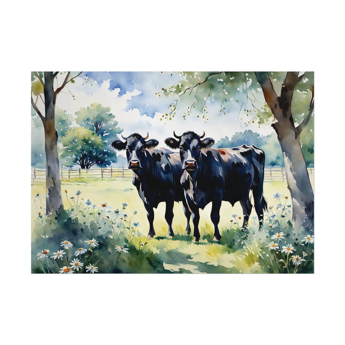 Two Black Cows Rustic Watercolor Meadow Farm Landscape Art Poster