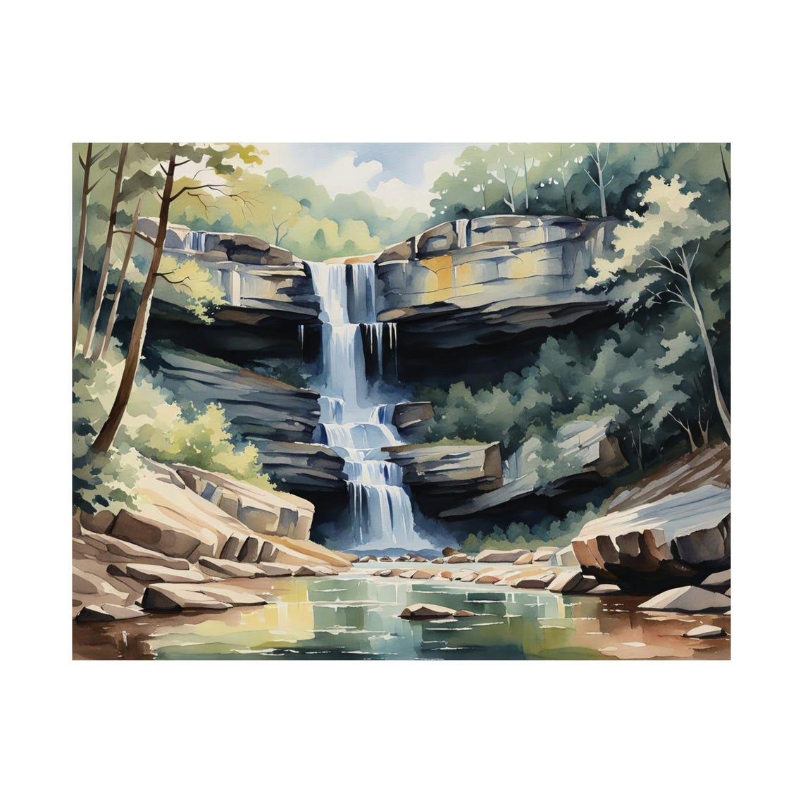 Forest Waterfall Watercolor Painting Cascade Rocks Landscape Poster