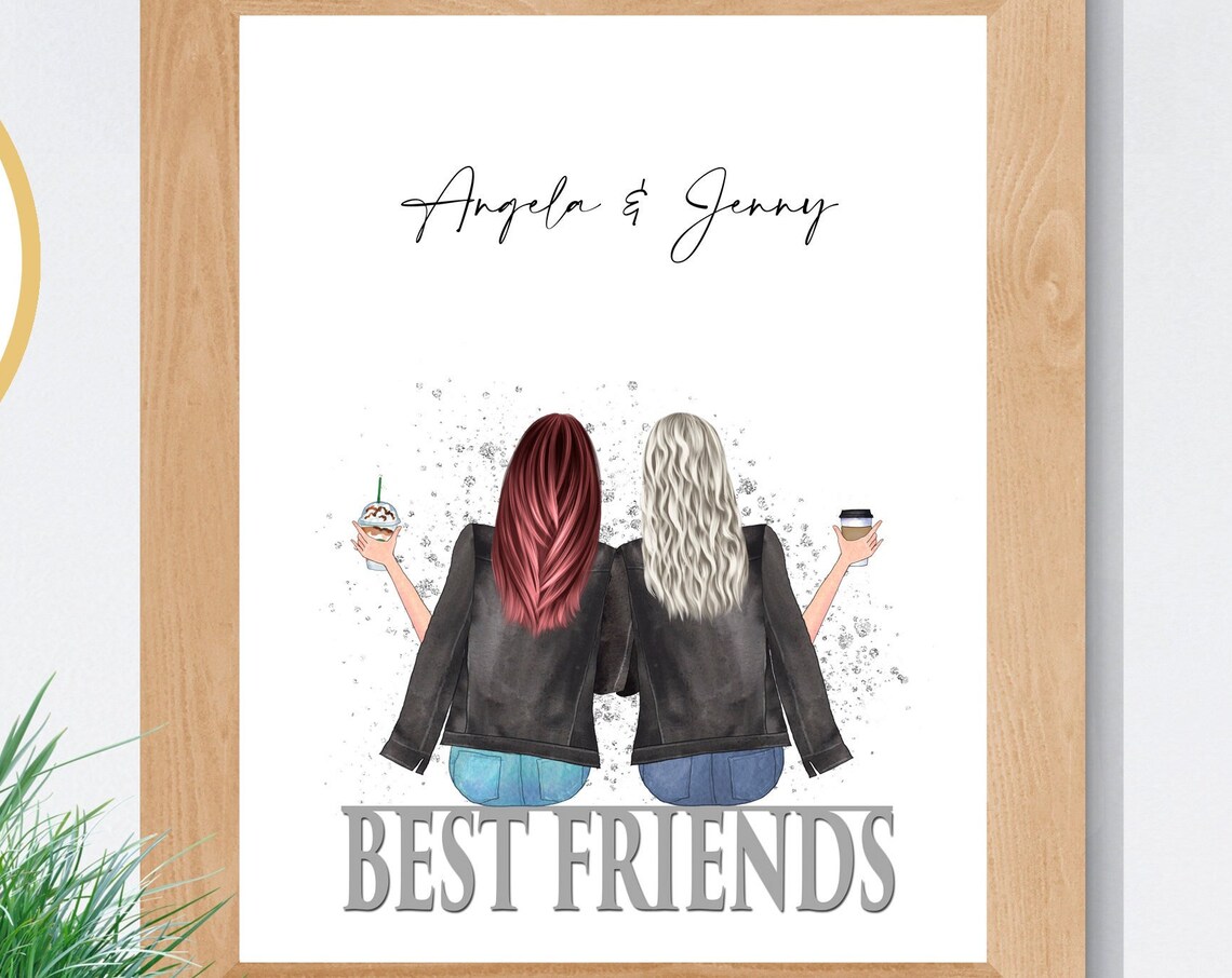 Personalized Best Friends Portrait Two Women Coffee Cups Poster