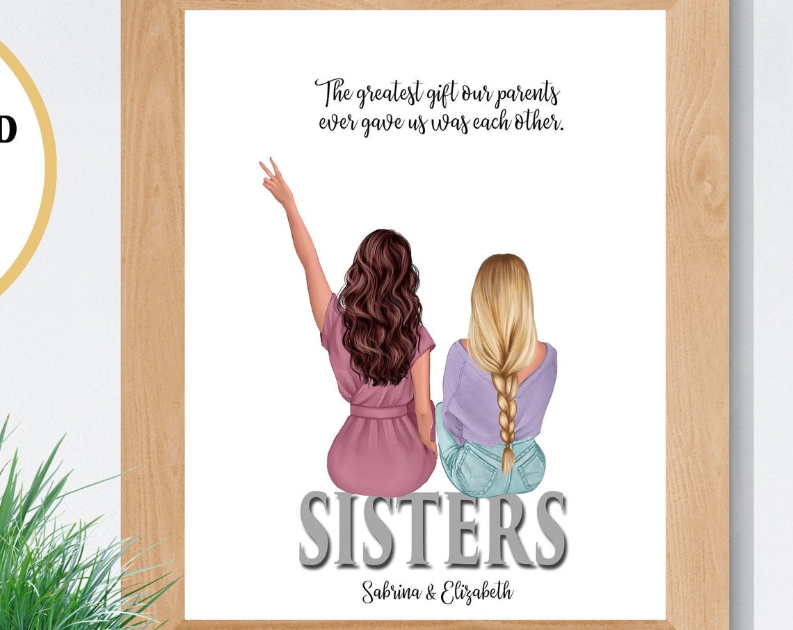 Personalized Two Sisters Portrait Gift For Sister Birthday Poster