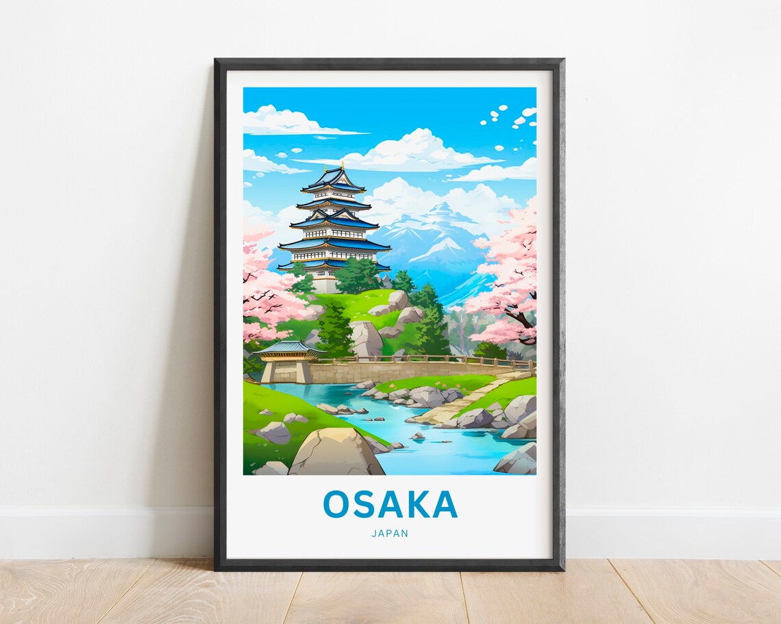 Osaka Japan Castle Hill Cherry Blossom River Bridge Travel Poster Art
