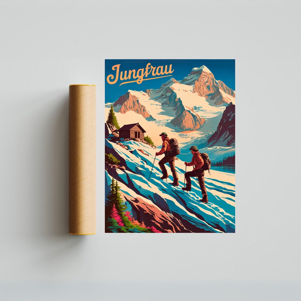 Jungfrau Switzerland Vintage Hikers Snowy Alps Travel Poster - Image 3