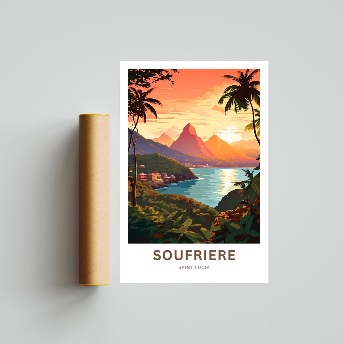 Personalized Soufrire Travel Print Soufriere Poster Saint Lucia Wall Art Framed Present Gift Caribbean Present Custom Text - Image 4