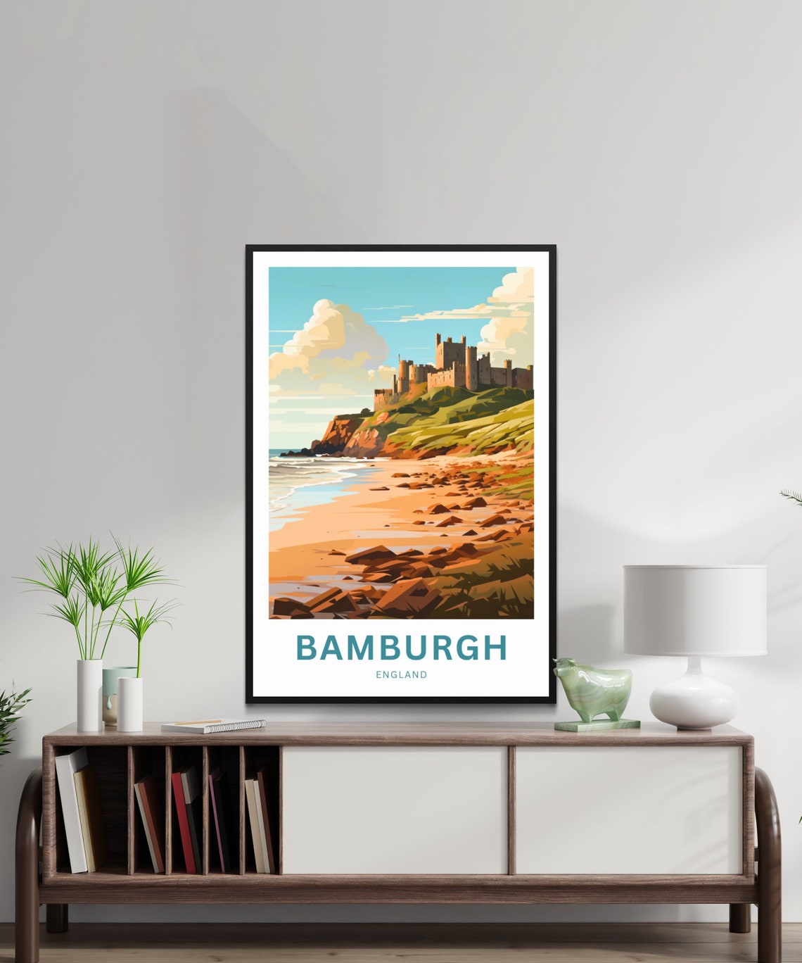 Bamburgh Castle Clifftop Beach Rocky Coastline England Travel Poster - Image 2