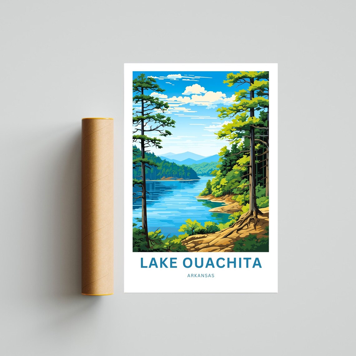 Lake Ouachita Arkansas Pine Trees Rocky Shore Sunny Lake Travel Poster - Image 4