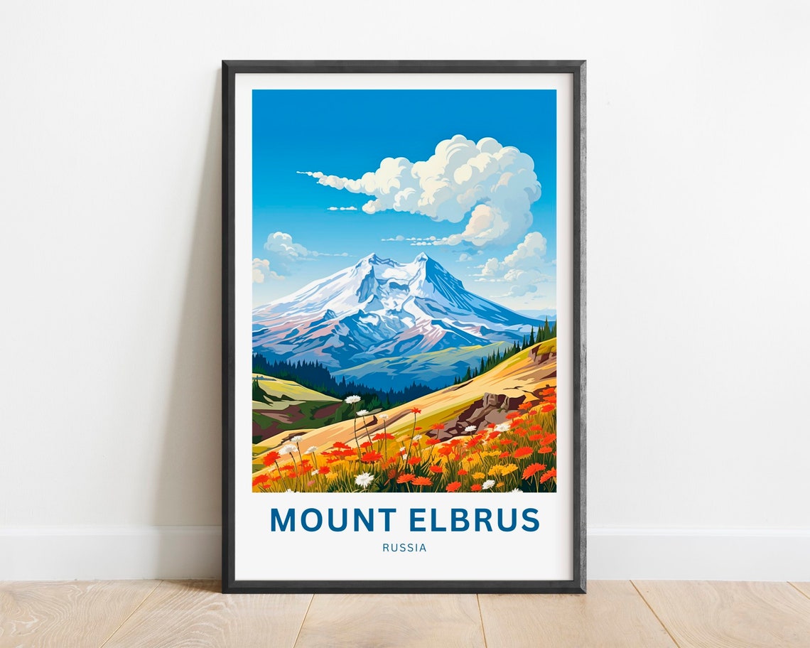 Mount Elbrus Russia Alpine Wildflowers Hillside View Travel Poster