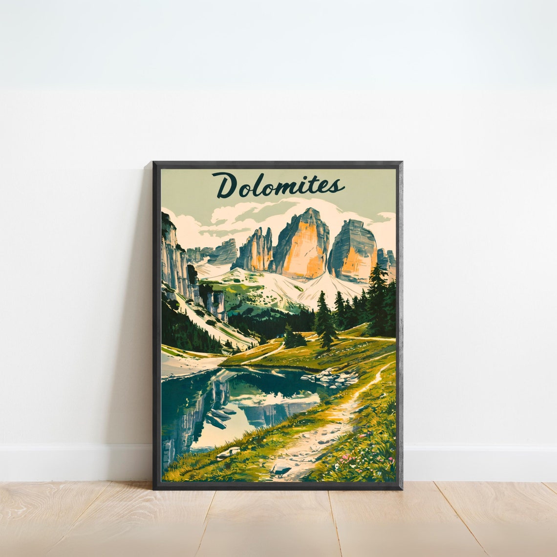 Dolomites Vintage Style Retro Mountain Lake Reflection Poster