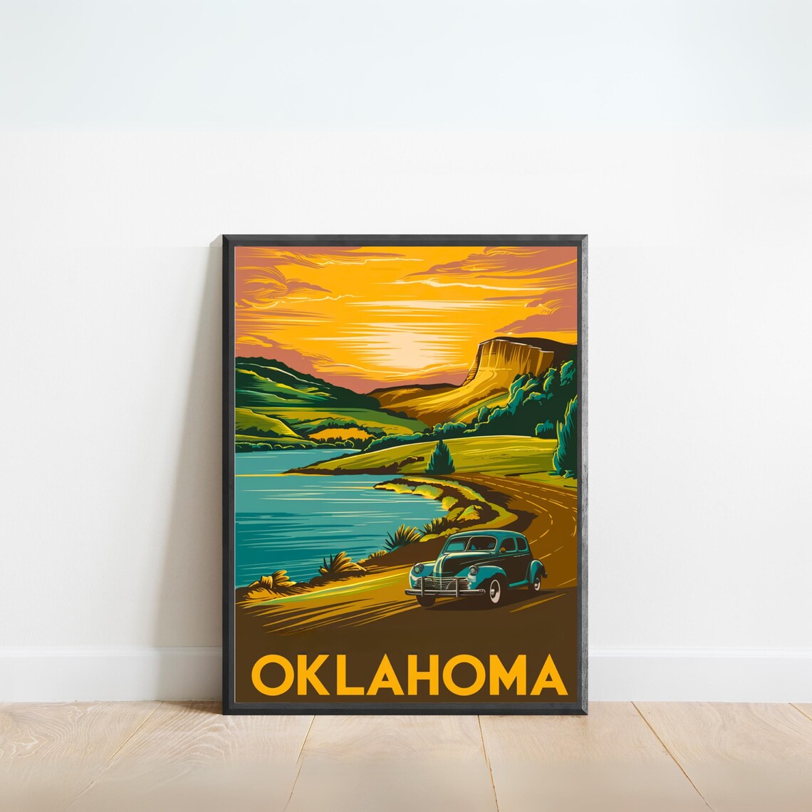 Oklahoma Vintage Car Lakeside Golden Sunset Road Travel Poster