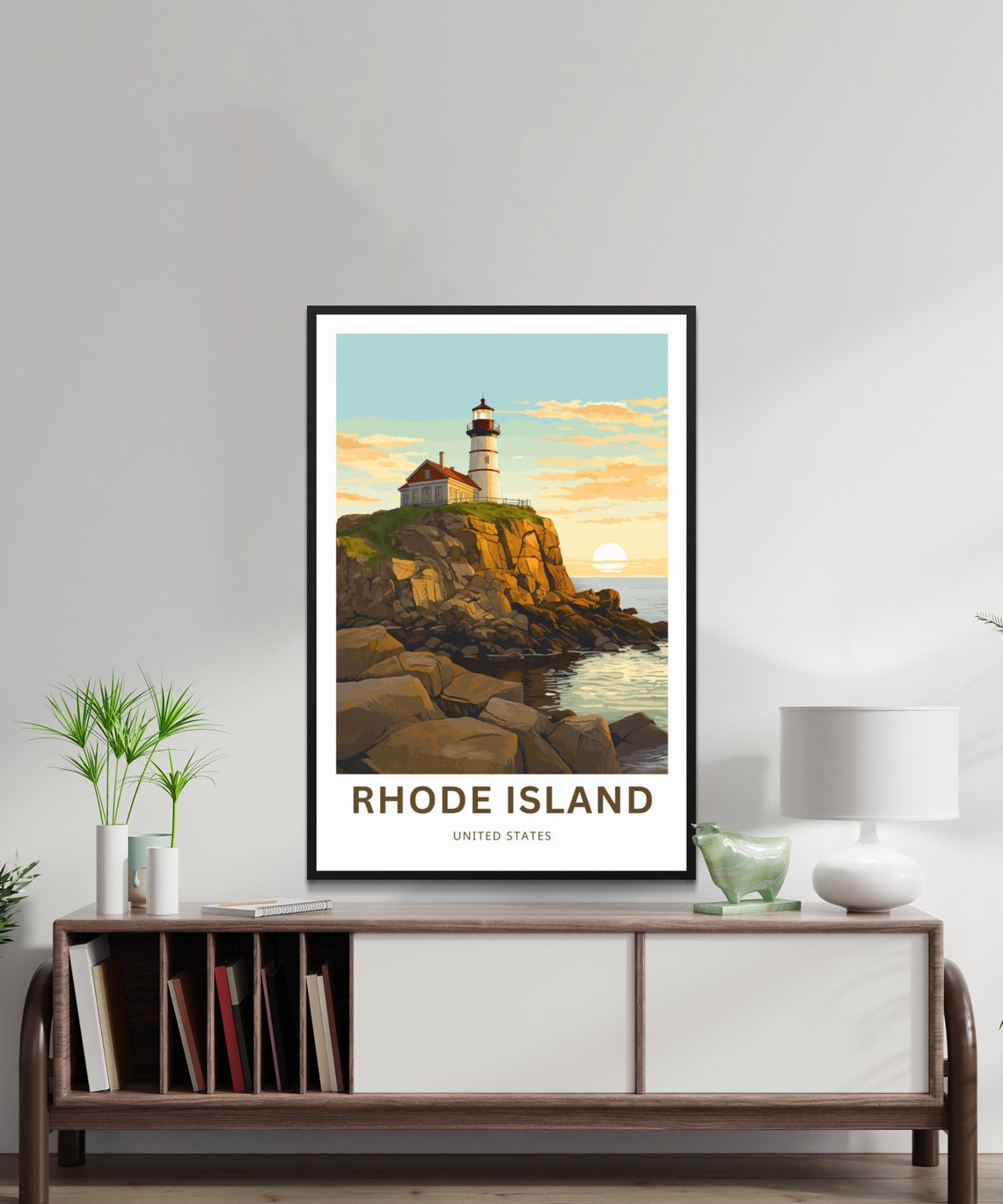 Rhode Island Lighthouse Sunset Ocean Rocky Shore Travel Poster - Image 2