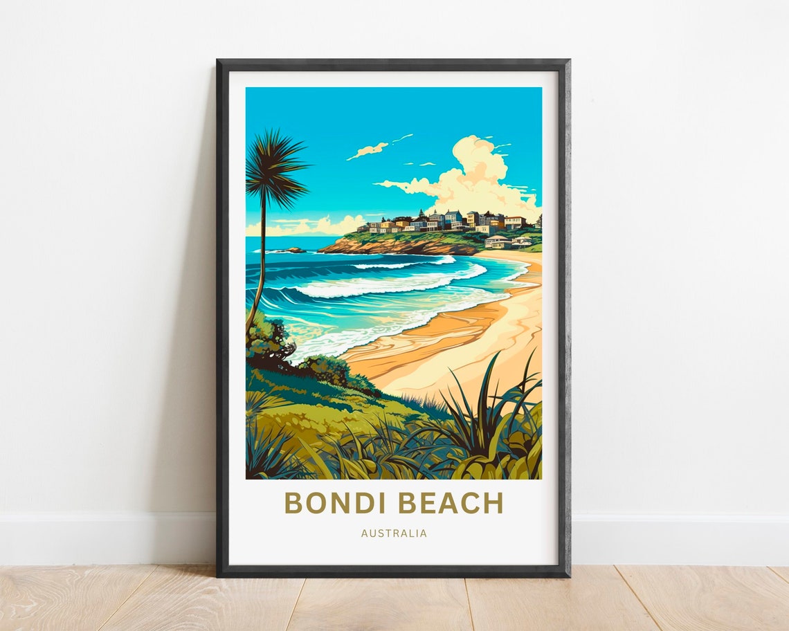 Bondi Beach Australia Surf Waves Headland Houses Travel Poster