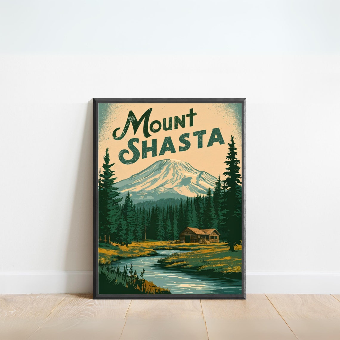 Mount Shasta California Rustic Cabin Creek Distressed Vintage Poster