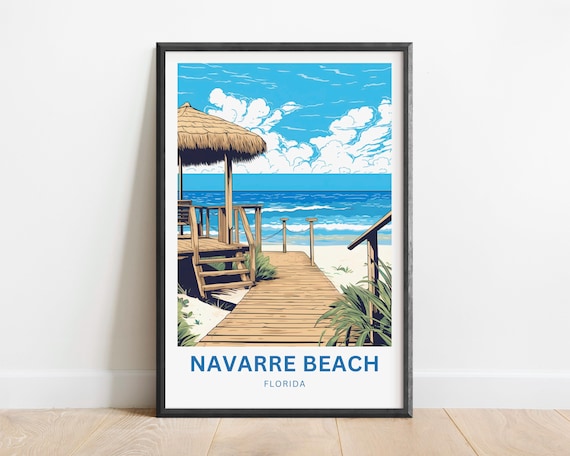 Navarre Beach Florida Boardwalk Tiki Hut Coastal Travel Poster