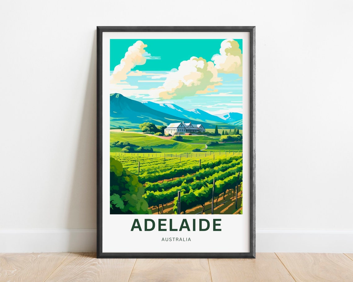 Adelaide Australia Vineyard Rows Vintage Travel Poster Wine Country