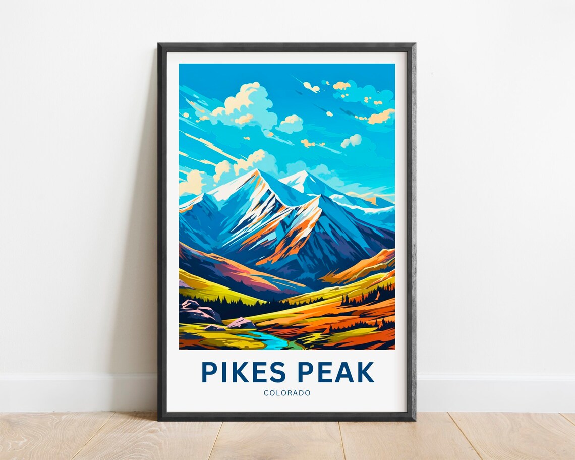 Pikes Peak Colorado Snowy Summit Over Golden Valley Retro Poster